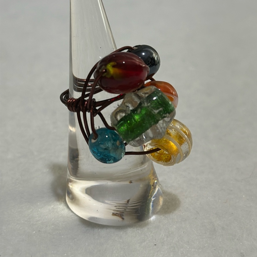Handmade wire art multicolored glass beaded ring size 5